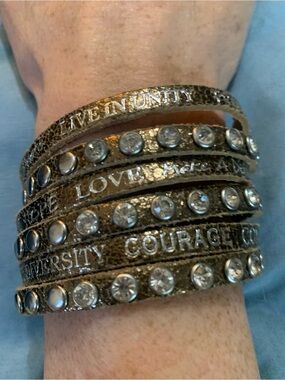 Good Works Gold Leather Multi-Row Wrap Bracelet with Crystal Studs
